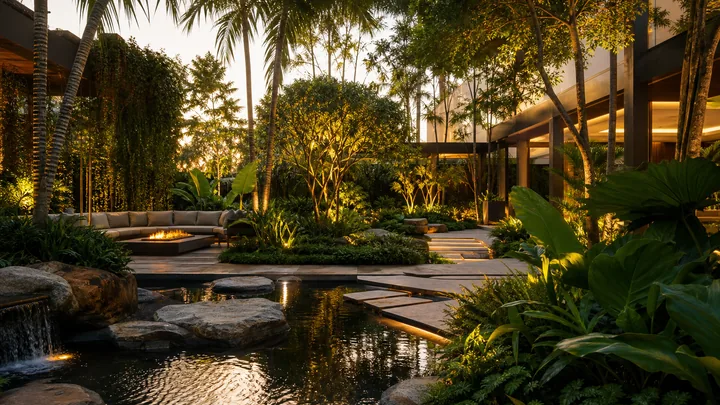 Jardim tropical de residência de alto padrão